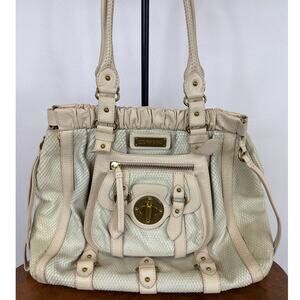 VINTAGE LOCKHEART Cream Leather Large Handbag Snakeskin Details Multi Pocket Bag